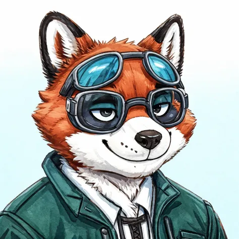 headshot of a anthropomorphic raccoon, closed smile, he has a round type of reading googles, a black with white laces jacket, an...