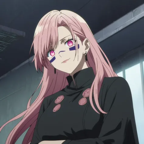 1girl, female gojo satoru, anime screencap from jujutsu kaisen, gojo satoru female version, solo, long_hair, ((Pink universal eyes)) ((Pink_hair)), night view, (hanging breasts) upper_body, smile, indoors, book, Pink_eyes, lips, (side swept bangs) ((wearin...