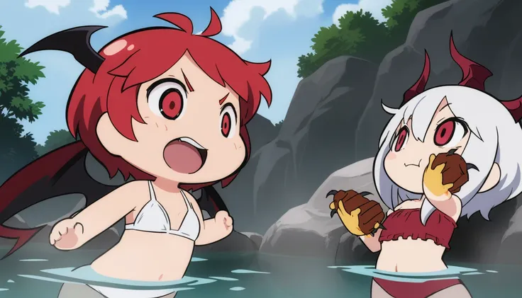 Masterpiece, best quality, very aesthetic, absurdres, create an image of a 2 female anime characters; the heroine, with white long hair, wearing white bikini. and the demon lord, with red short hair, wearing red bikini, both of them take a dip on outdoor o...