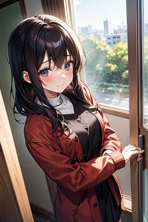 Anime Style。A young woman closing her heart。She is looking sadly out the window。gradually、Her friends and family were by her side.、Her expression softened as she felt the warmth.、Smile。