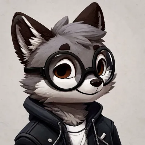 headshot of a grey fur anthropomorphic raccoon, closed smile, he has a round type of glasses, a black with white laces jacket, h...