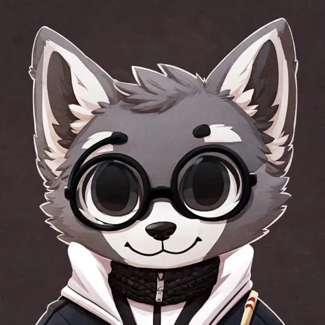 headshot of a grey fur anthropomorphic raccoon, closed smile, he has a round type of glasses, a black with white laces jacket, h...