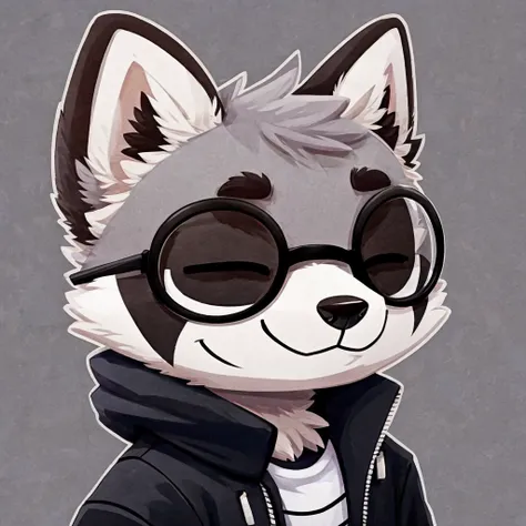 headshot of a grey fur anthropomorphic raccoon, closed smile, he has a round type of glasses, a black with white laces jacket, high quality furry art, chibi style, high quality fursona ref.