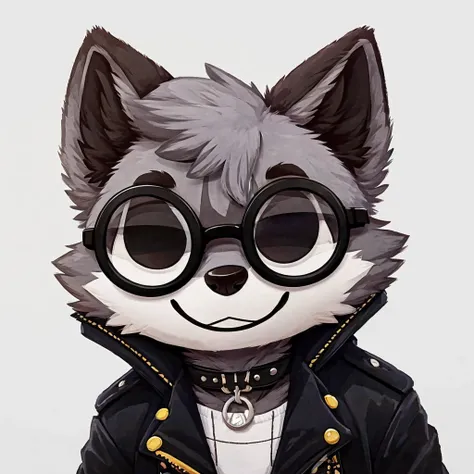 headshot of a grey fur anthropomorphic raccoon, closed smile, he has a round type of glasses, a black with white laces jacket, h...