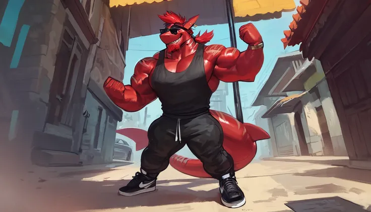 
bright red colored bara shark, huge plump pecs, white countershade, red skin, huge muscles, strong physique, tribal tattoos, scarlet samurai hair in ponytail, cyan colored eyes, black sclera, very muscular, perfect anatomy, scars on body, full body view i...