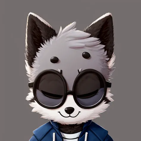 headshot of a grey fur anthropomorphic raccoon, closed smile, he has a round type of glasses, a black with white laces jacket, h...