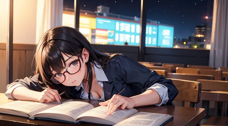 Falling asleep face down while studying at night、A cute girl wearing glasses that accentuate her breasts a little