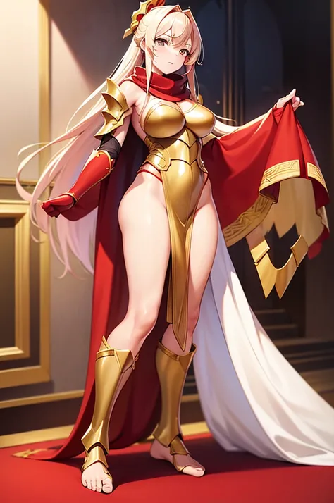 extremly detaled, dynamic sexy kneel pose, bare feet, detaled feet, feet close focus perspective,goddess, gold detaled armor with red finish, long white hair, red cape and scarf, gold hair clip, gold heavy armor with red finish, show big ass and pussy, org...