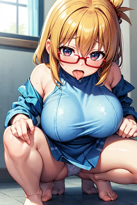 crawling position on their hands and knees,anime,An illustration,Light Blue Check Dress,Red glasses,blonde,Light blue mesh hair,beautiful girl,Sora Sakurano,One person,,Big Breasts,underwear,saliva,nose blush