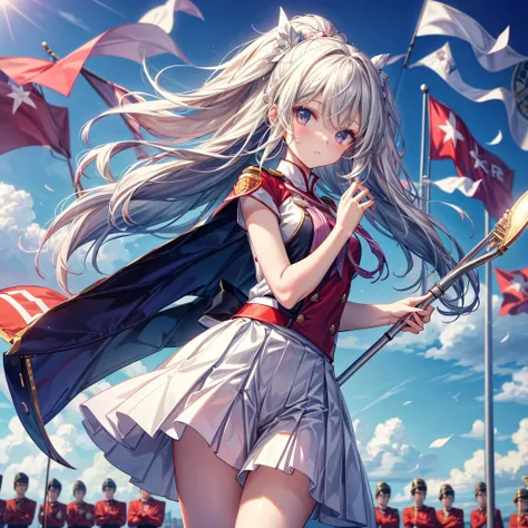 A beautiful girl skillfully manipulates the marching band flags、