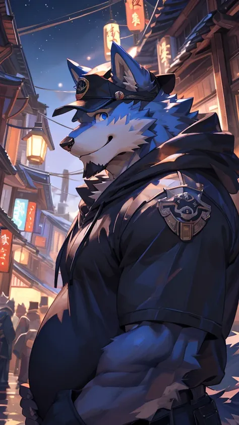 bynamic angle,depth of field, motion blur, absurdres,looking at viewer, (best quality), (masterpiece), (ultra detailed),(detailed eyes),Cute smile,sharp focus,japanese anime,manga,anthro male Light Blue Wolf,(wearing black cap),(muscular),(big belly),((swe...