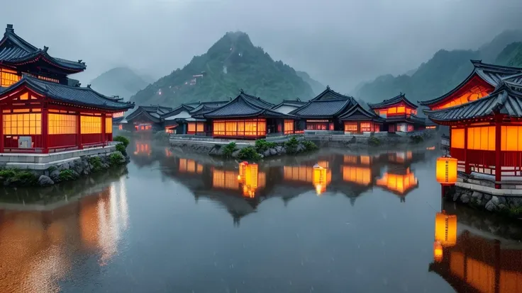 arafed view of a village with a lot of lights on the buildings, dreamy chinese town, amazing wallpaper, japanese town, japanese village, hyper realistic photo of a town, old asian village, japanese city, by Raymond Han, rainy evening, cyberpunk chinese anc...