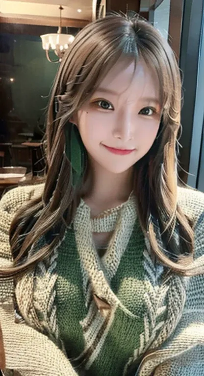 Beautifully detailed、High resolution portrait masterpiece of a girl with long hair。, Shiny brown hair and captivating green eyes, Wear a cozy sweater、She has a gorgeous smile that accentuates her small but perfectly shaped breasts..