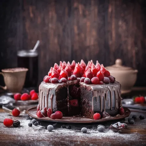 A delicious chocolate cake with icing dripping down on top of the cake, Topped with sugared red fruit, Detailed texture on a wooden table, delicious, warm, Promotional photo, Intricate details, High resolution, Adobe Lightroom, Very detailed