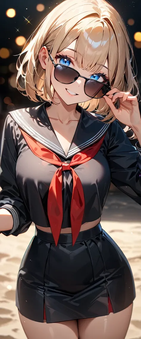 (((One girl))), ((beach)), noon, blond hair, bob cut, breasts, from front, (cowboy shot), standard body, (looking at viewer), ((black serafuku out of skirt)), black skirt, ((red ribbon)), ((sunglasses)), hand to sunglasses, teenager, head tilt:1.3, (((blue...