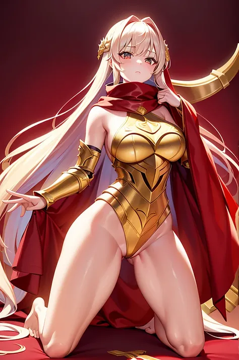 extremly detaled, dynamic  kneel pose, bare feet, detaled feet, ,goddess, gold detaled armor with red finish, long white hair, red cape and scarf, gold hair clip, gold heavy armor with red finish, show big ass and pussy, orginal hairstyle