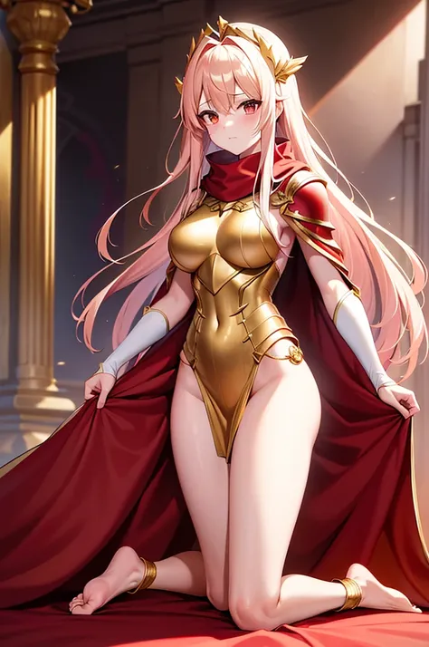 extremly detaled, dynamic  kneel pose, bare feet, detaled feet, ,goddess, gold detaled armor with red finish, long white hair, red cape and scarf, gold hair clip, gold heavy armor with red finish, show big ass and pussy, orginal hairstyle