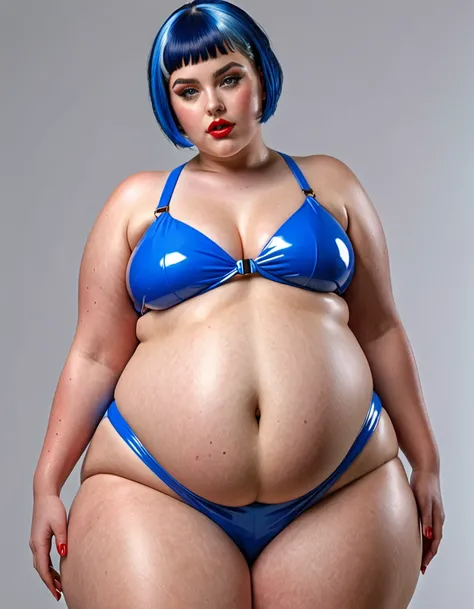 extremely detailed, high quality, realistic, photorealistic, 8k, masterpiece, glowing skin, beautiful face, sensual pose, short blue hair girl, extreme obese, red latex bikini, extreme huge belly, bellyrolls, huge thighs, sweaty 