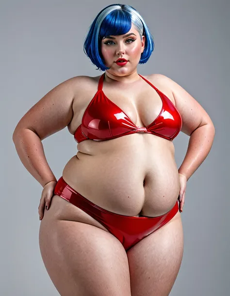 extremely detailed, high quality, realistic, photorealistic, 8k, masterpiece, glowing skin, beautiful face, sensual pose, short blue hair girl, extreme obese, red latex bikini, extreme huge belly, bellyrolls, huge thighs, sweaty 