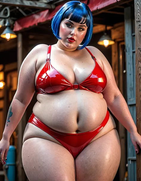 extremely detailed, high quality, realistic, photorealistic, 8k, masterpiece, glowing skin, beautiful face, sensual pose, short blue hair girl, extreme obese, red latex bikini, extreme huge belly, bellyrolls, huge thighs, sweaty 