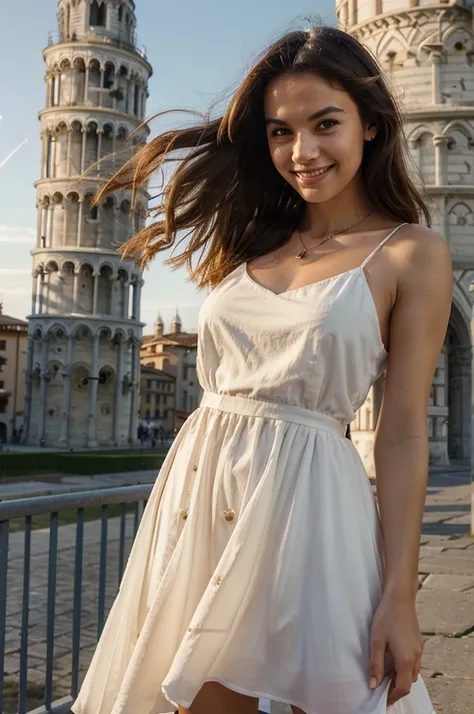 Female happy smiling, dynamic pose, Leaning Tower of Pisa on background, in spring, bright sunset sky, romantic photo, luxury zara fashion dress outfit, bokeh, moody, epic, gorgeous.