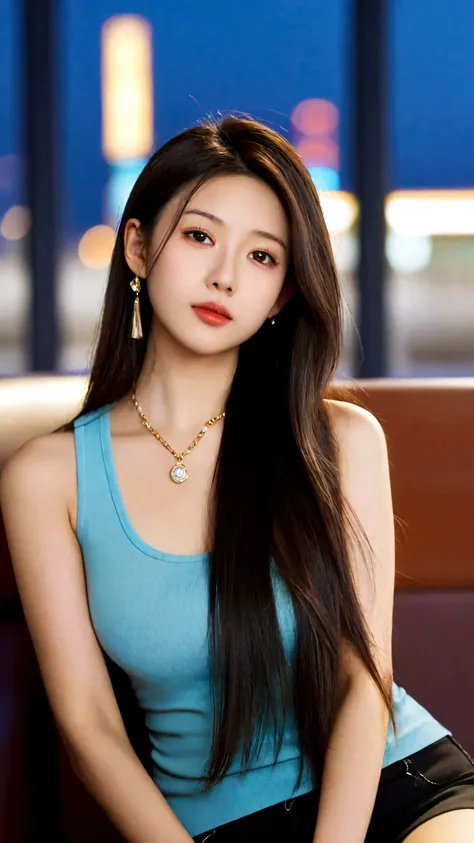 extreme close-up of beautiful chinese female, big nose, straight long hair, 38 inch breasts size, necklace, wearing fitting tank...