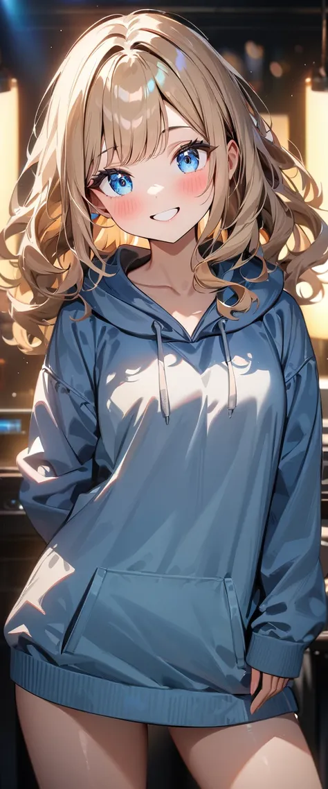 (((One girl))), blond hair, Wavy Hair, bob cut, (cowboy shot), (looking at viewer), ((black naked hoodie:1.3, sleeves past wrists)), (((oversized))), cleavage, face in focus, teenager, head tilt:1.3, (((blue eye))), ((happy smile)), ((blush)), contrapposto...