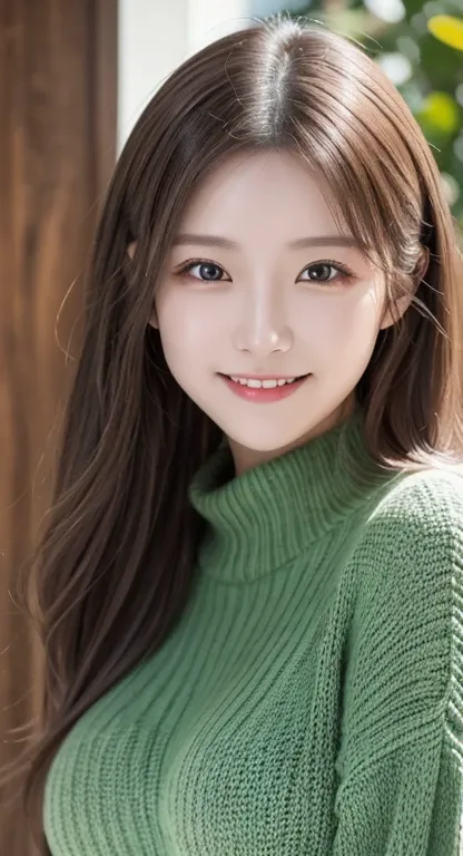 Beautifully detailed、High resolution portrait masterpiece of a girl with long hair。, Shiny brown hair and captivating green eyes, Wear a cozy sweater、She has a gorgeous smile that accentuates her small but perfectly shaped breasts..