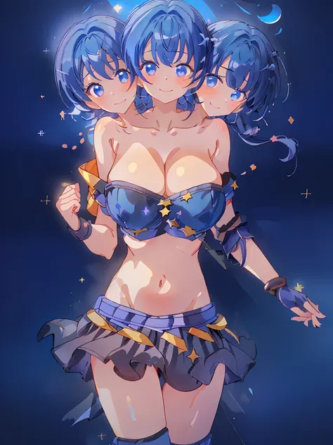 (masterpiece, best quality), best resolution, (3heads:1.5), 1girl, dark blue hair, fingerless gloves, smiling, soft smile, open belly, black-blue crop top, blue-black miniskirt, open breasts, humongous tits, huge tits, sexy pose, hair length until shoulder...