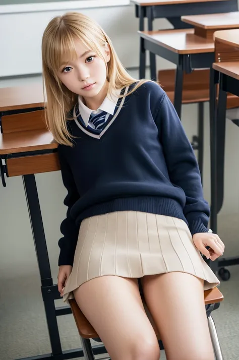 (8k, RAW photo, best quality, masterpiece:1.2), (realistic, photo-realistic:1.4), (extremely detailed 8k wallpaper), pretty Japanese woman, (school uniform studium jumper),in class room, sitting chair, spread legs, blond hair, hands in pocket