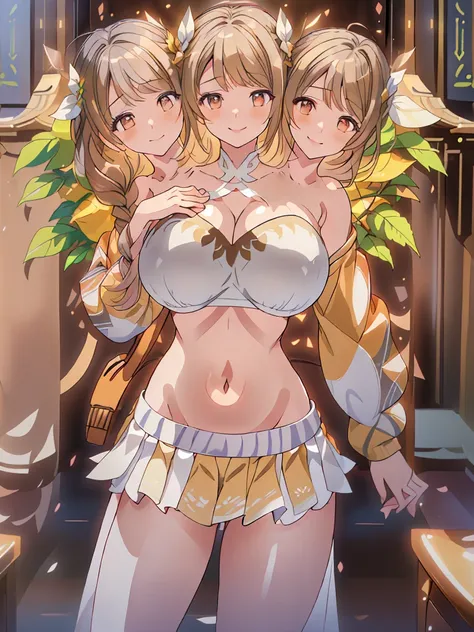 (masterpiece, best quality), best resolution, (3heads:1.5), 1girl, brown hair, long flowing hair, braided hair, smiling, seductive smile, open belly, white-gold crop top, white miniskirt, open breasts, big tits, very huge tits, feather on head, beautiful e...