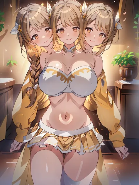 (masterpiece, best quality), best resolution, (3heads:1.5), 1girl, brown hair, long flowing hair, braided hair, smiling, seductive smile, open belly, white-gold crop top, white miniskirt, open breasts, big tits, very huge tits, feather on head, beautiful e...