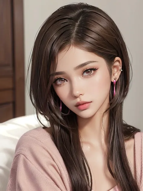 beautiful girl, brown_eyes, ((beautiful slim teenage girl 18 year old, hair color [Brown highlights hair], [undercut pixie] hair)), earrings, lips, realistic, narrow waist, charming, pink lipstick, colorful makeup, long eyelashes, earrings, wearing eyeline...