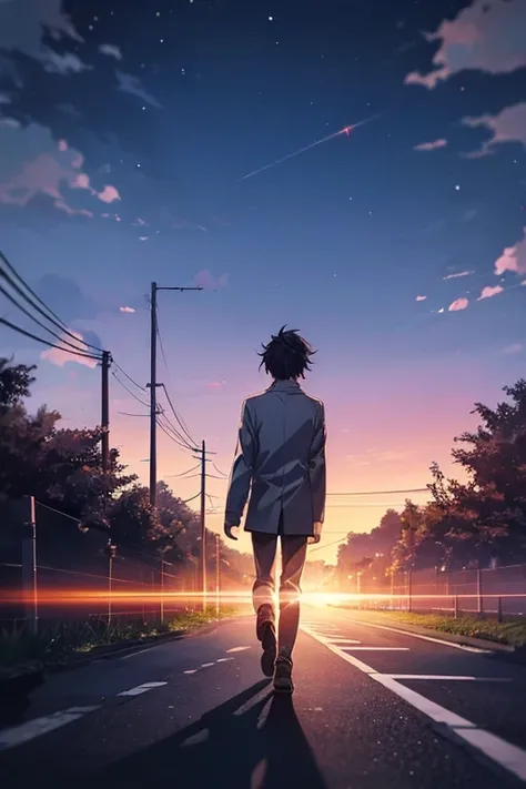 Anime Style。The protagonist walks alone along a quiet road at night。He gazes anxiously into the distance,、The warm memories in his heart light his path.。In the Dark、A ray of light shows him the way。
