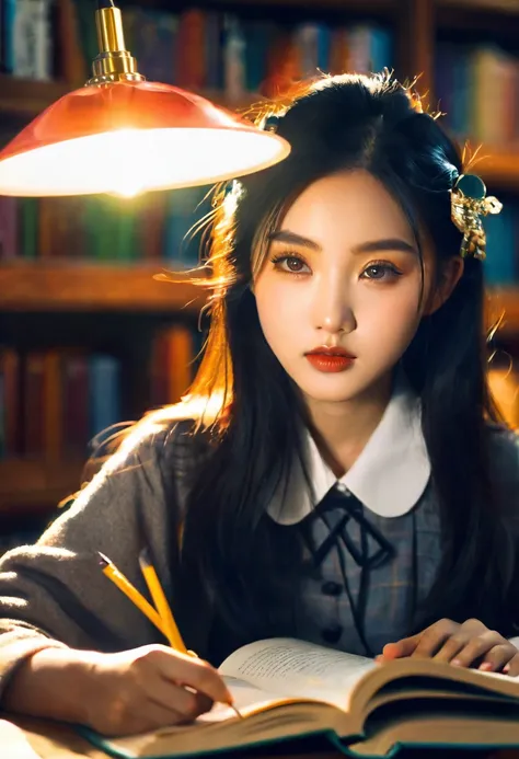 Beautiful detailed asian school girls reading books in the library, beautiful detailed eyes, beautiful detailed lips, extremely detailed eyes and face, long eyelashes, , sitting at desks, warm lighting, photorealistic, 8k, hyperrealistic, masterpiece, intr...