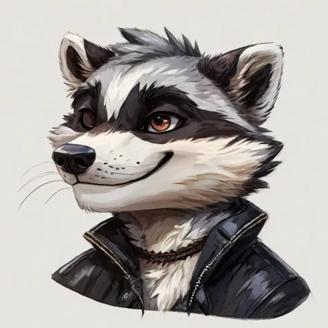 headshot of a grey fur anthropomorphic raccoon, closed smile, dressed with a black with white laces jacket, high quality furry a...