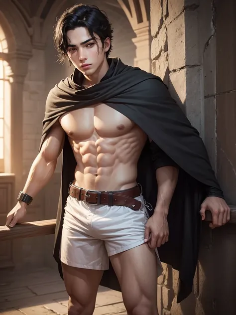 a young 18 year old man, medieval, black hair, black eyes, white skin, realistic skin, standing pose, realistic skin, short hair