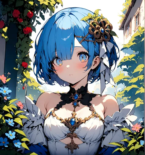 masterpiece, Highest quality, Rem, One Girl, White Lingerie,Beautiful Eyes,Blue Hair,Upper Body,garden