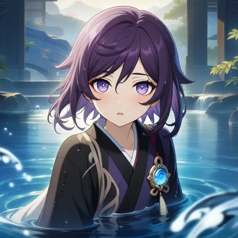 1girl, yaomai, official art, absurdres, 1boy, bishounen, japanese clothes, looking at viewer, male focus, open mouth, parted lips, purple eyes, purple hair, short hair, solo, upper body, vision (genshin impact), water, wet, wet hair, ((very aesthetic, best...