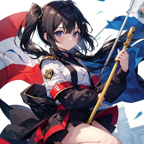 A beautiful girl skillfully manipulates the marching band flags、White background、Dynamic Flag Background、The flag is black with Kinu&#39;s flower embroidery, and it looks really cool.、