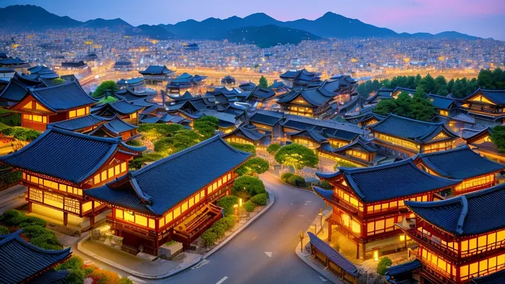 arafed view of a village with a lot of lights on the buildings,  japan town, amazing wallpaper, japanese town, japanese village, hyper realistic photo of a town, old asian village, japanese city, by Raymond Han, japan ancient castle, beautifully lit buildi...