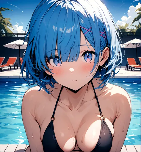 masterpiece, Highest quality, Rem, One Girl, bikini,Beautiful Eyes,Blue Hair,Upper Body,Pool