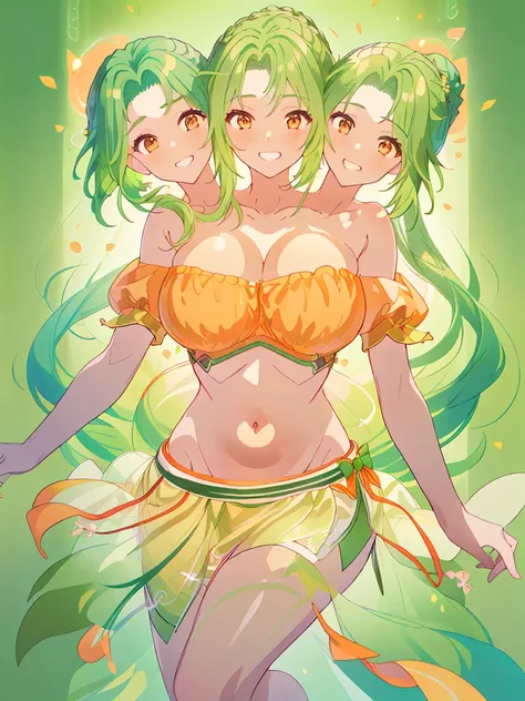 (masterpiece, best quality), best resolution, (3heads:1.5), 1girl, green hair, long flowing hair, smiling, grinning, open belly, white-orange crop top, orange-white miniskirt, open breasts, huge tits, curls, sexy pose, ponytail,
