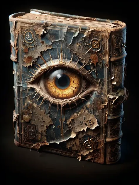 ais-olde book, its leather cover cracked and brittle, pages filled with cryptic symbols glowing faintly in the darkness ,eye-lik...