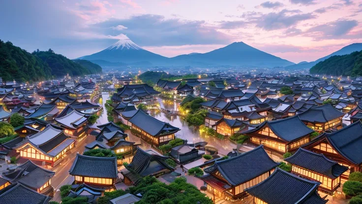 arafed view of a village with a lot of lights on the buildings, dreamy japan town, amazing wallpaper, japanese town, japanese village, hyper realistic photo of a town, old asian village, korean city, by Raymond Han, rainy evening, japan ancient castle, bea...