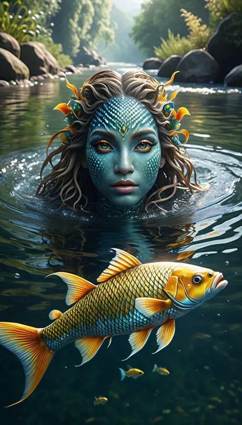 a mythical creature with a human face and fish body swimming in a river, highly detailed, 4k, 8k, highres, masterpiece, ultra-detailed, realistic, photorealistic, photo-realistic, extremely detailed animal, intricate patterns, realistic lighting, fantastic...