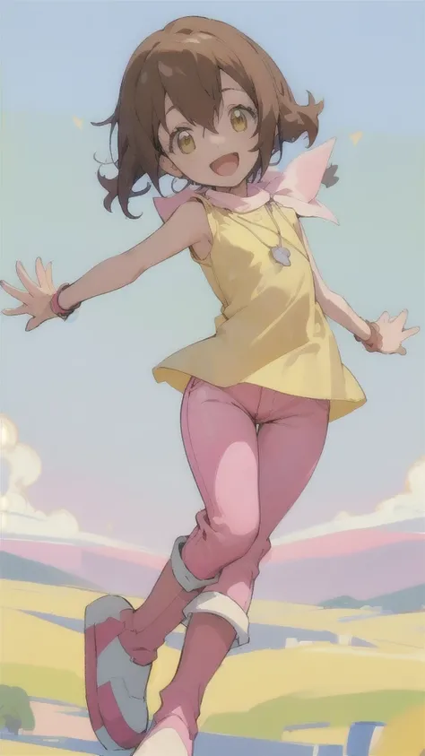 Top quality, masterpiece, high resolution, details, Top quality, masterpiece, high resolution, details, perfect anatomy, (cute girl), smiling, HikariDigi, open mouth, yellow sleveless shirt, pink pants, rubber boots, shoes, sky, solo,Background is blue sky...