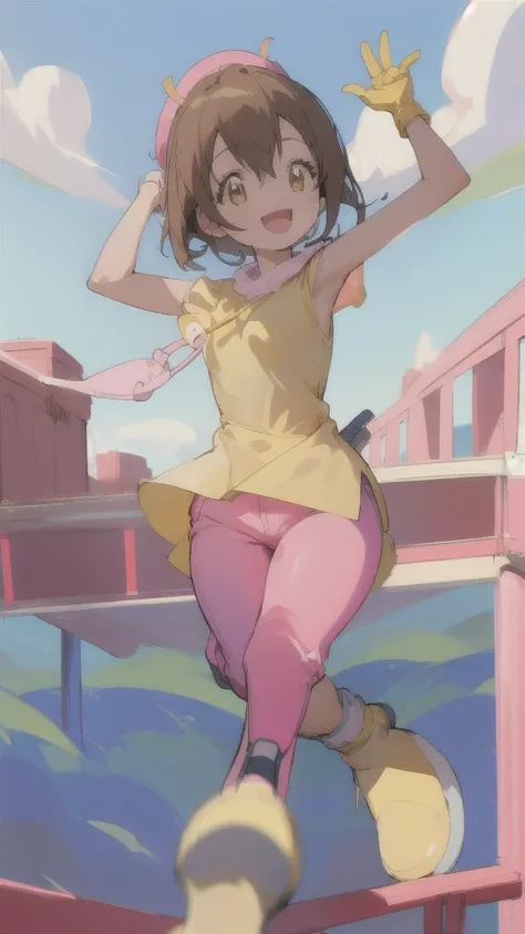 Top quality, masterpiece, high resolution, details, Top quality, masterpiece, high resolution, details, perfect anatomy, (cute girl), smiling, HikariDigi, open mouth, yellow sleveless shirt, pink pants, rubber boots, shoes, sky, solo,Background is blue sky...