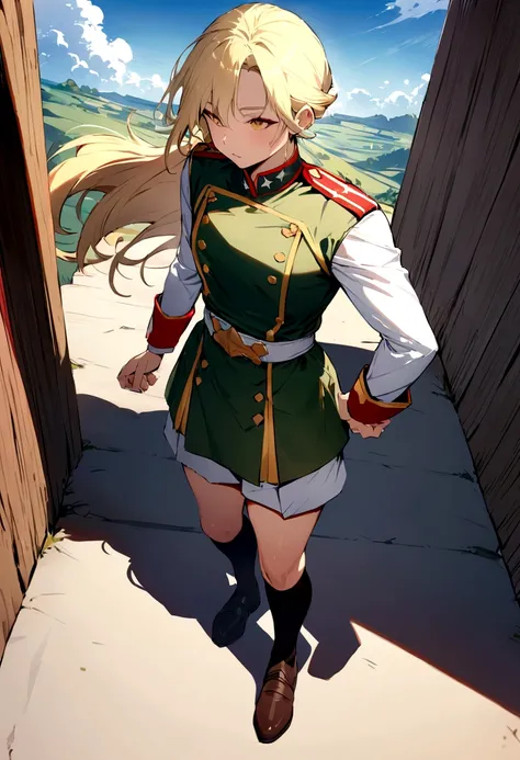 (masterpiece, Highest quality, Very detailed, Best Shadow), (Detailed Background,) SF Liberator Captain Blonde Young Strong Confident Healthy Strong Military Uniform Male