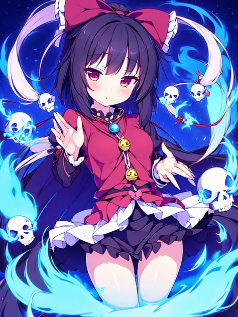 kaenbyou rin from touhou posing seductively, she is surrounded by blue flames and floating skulls,